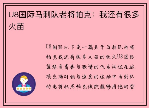 U8国际马刺队老将帕克：我还有很多火苗
