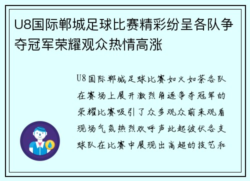U8国际郸城足球比赛精彩纷呈各队争夺冠军荣耀观众热情高涨